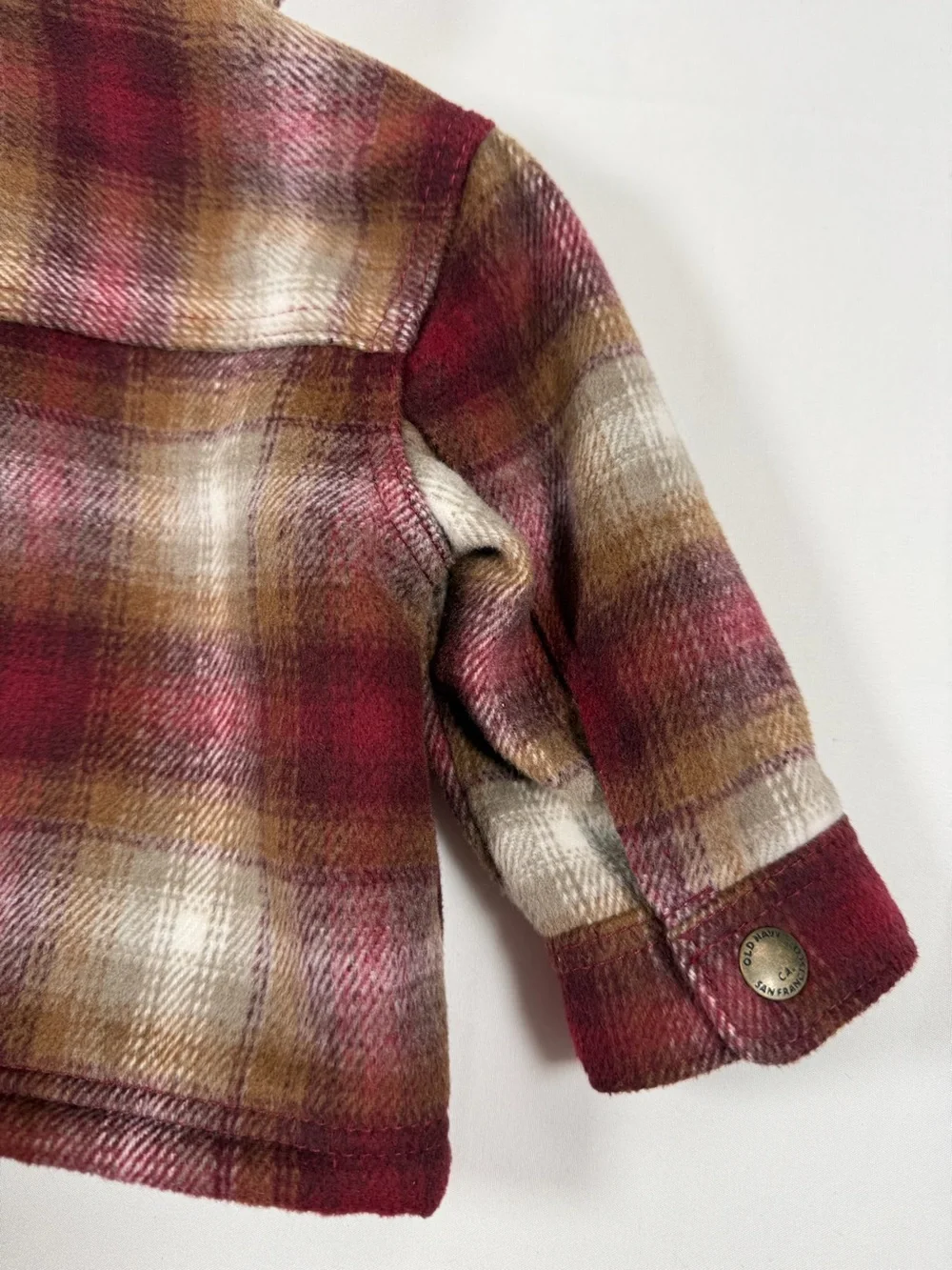OLD NAVY Baby Sherpa Lined Plaid Shacket Burgundy Brown 3-6M Snap Front Jacket